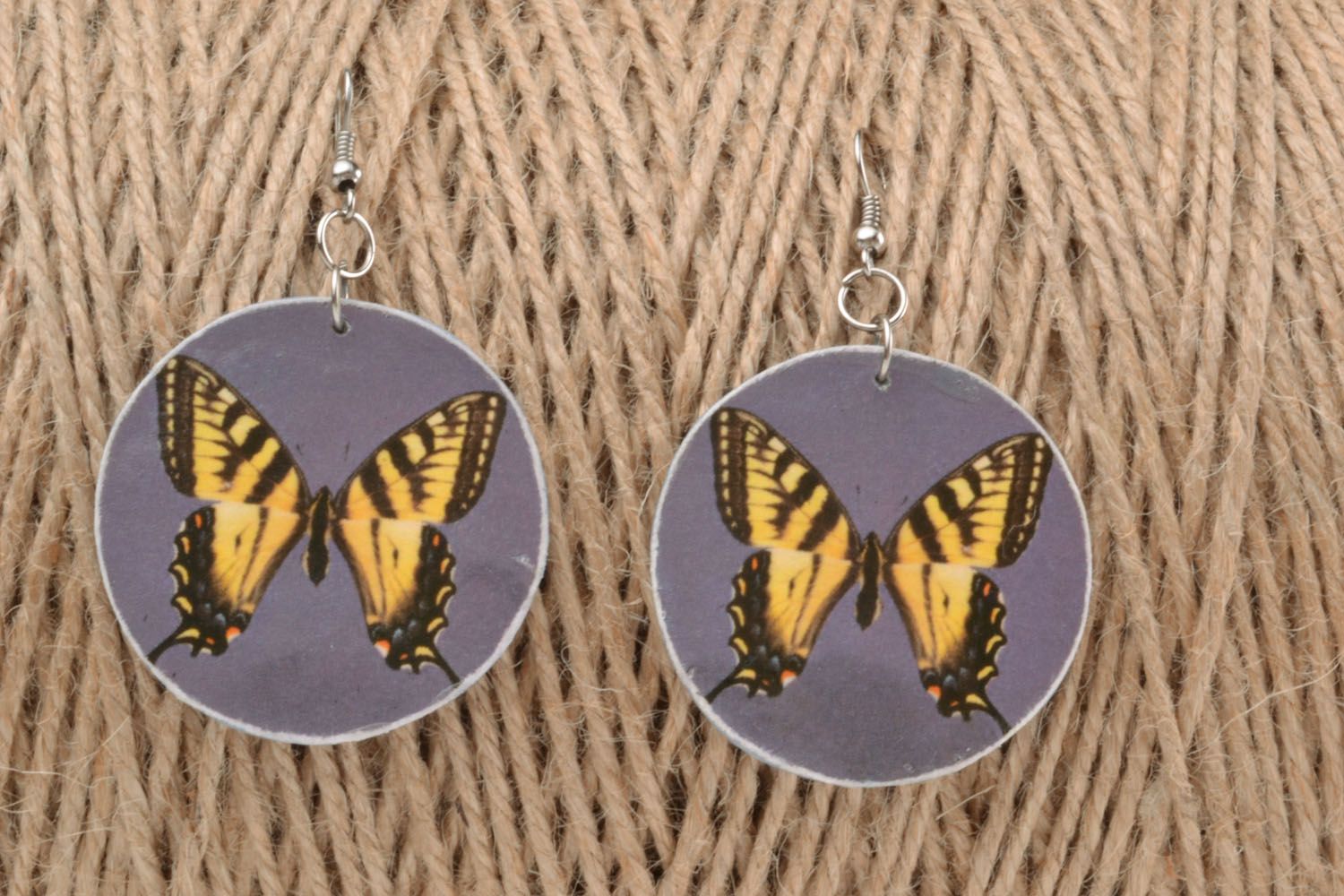 Round polymer clay earrings Yellow Butterflies photo 1