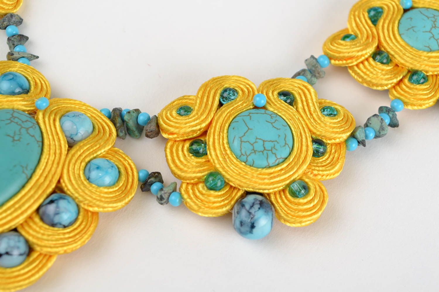 Bright massive handmade designer soutache necklace with natural stone photo 4