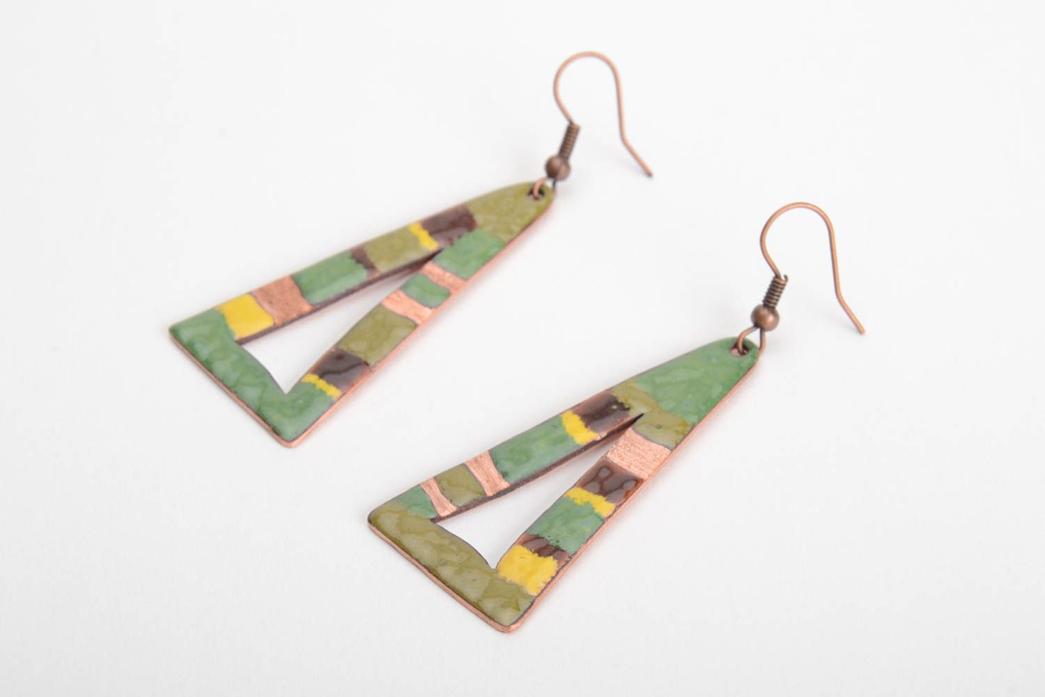 Handmade copper multi-colored triangular earrings with hot enamel stylish gift photo 2