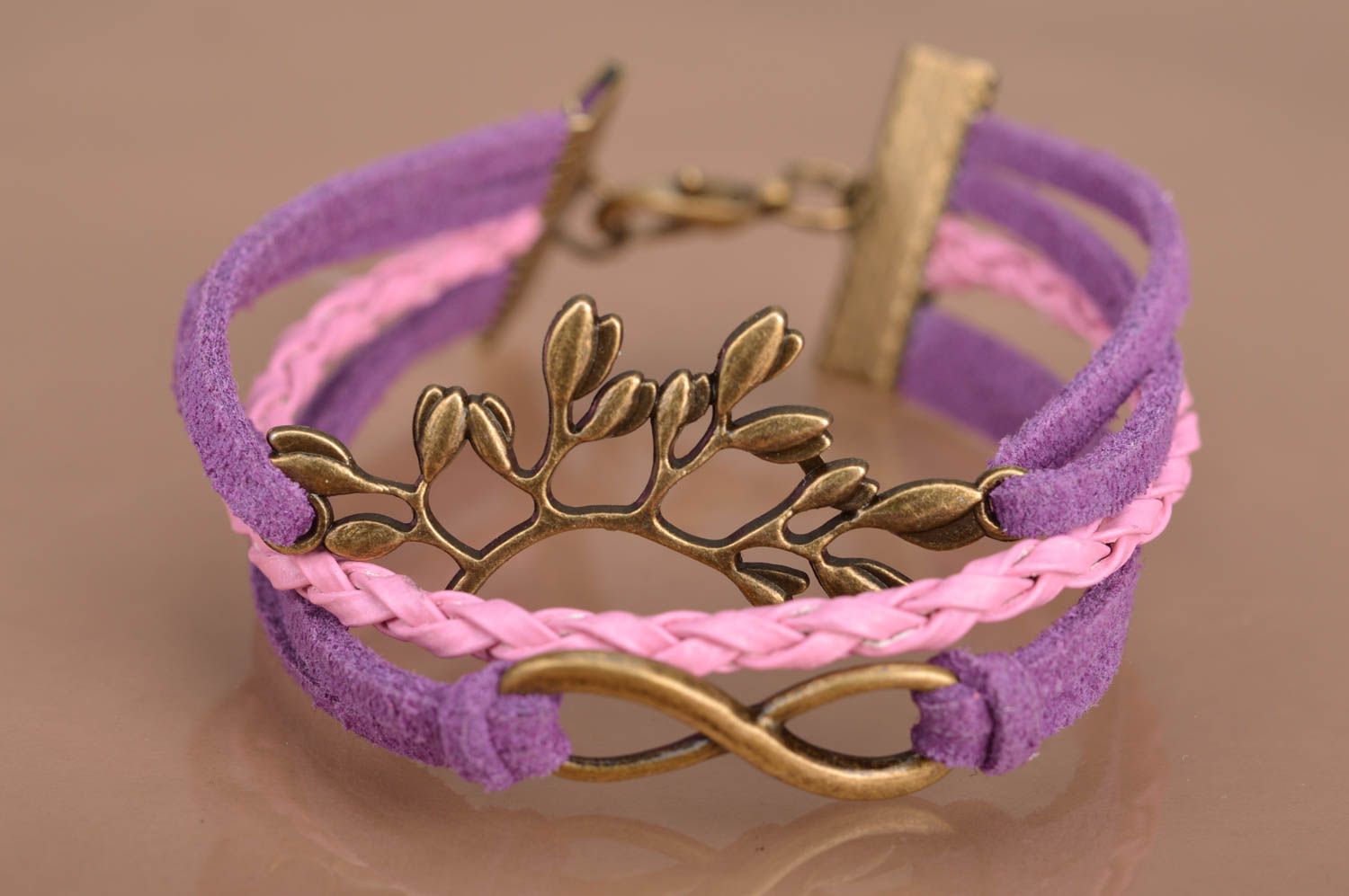 Handmade violet and pink suede cord multi row wrist bracelet with metal inserts photo 4