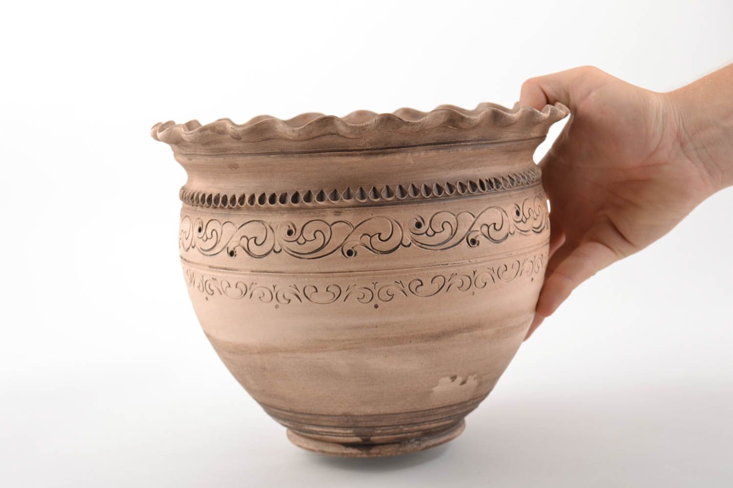 Pote de cerámica para cocer al horno con ornamento hecho a mano 5 litros foto 5