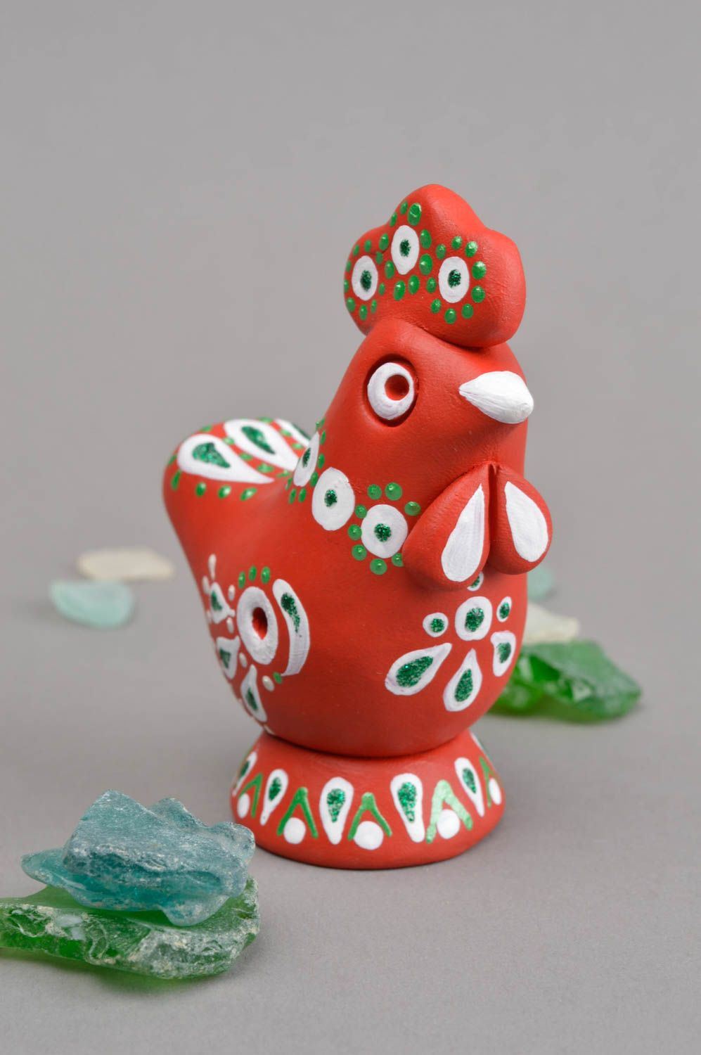 Sifflet jouet fait main Instrument de musique céramique Figurine coq rouge photo 1