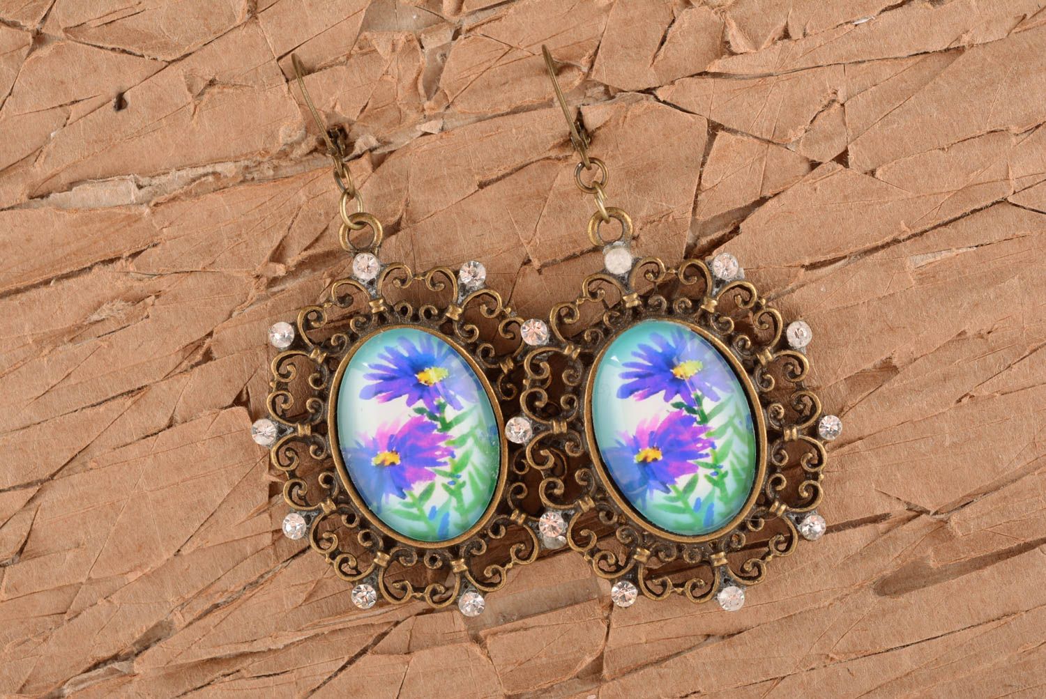 Stylish handmade oval metal earrings glass earrings design beautiful jewellery photo 1