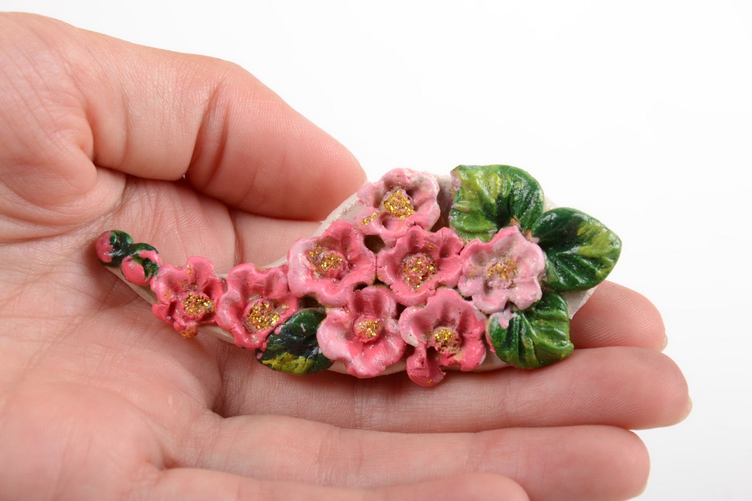 Aimant frigo artisanal rose avec fleurs de forme originale fait main peint photo 3