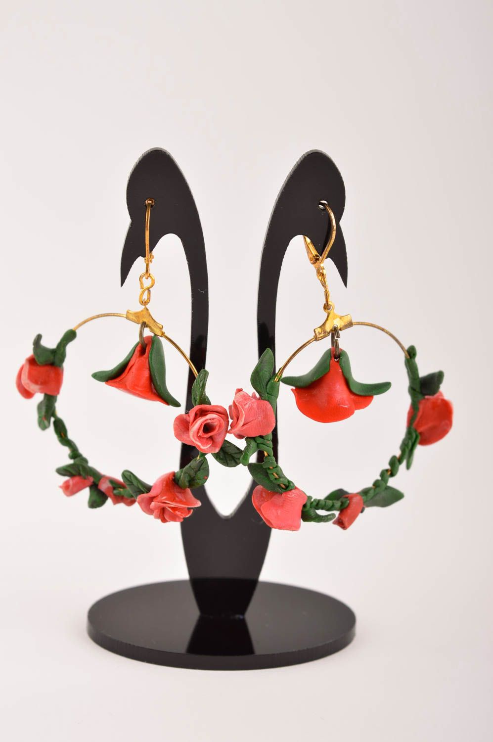 Handmade Blumen Ohrringe Designer Schmuck Accessoire für Frauen grelle Rosen foto 2