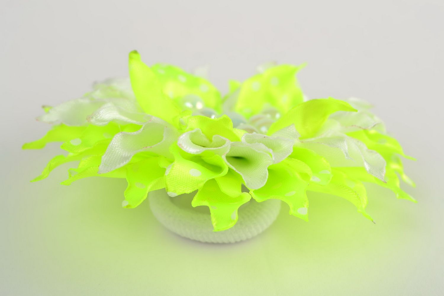 Handmade hair tie with large volume satin flower of lemon and white colors photo 4