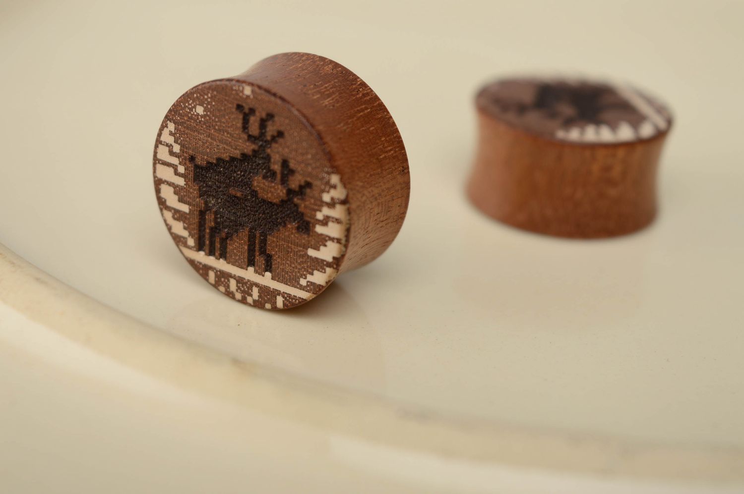 Unusual sapele wood ear plugs with engraving photo 2
