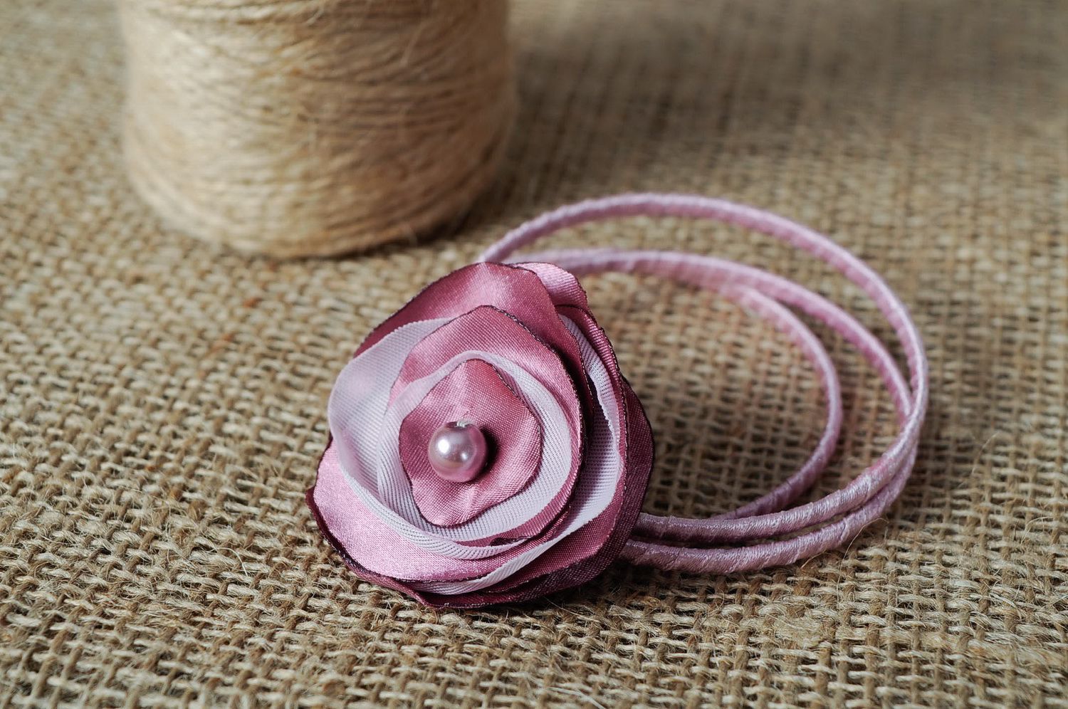 Bracelet with flower made of organza and satin Snowy plum photo 4