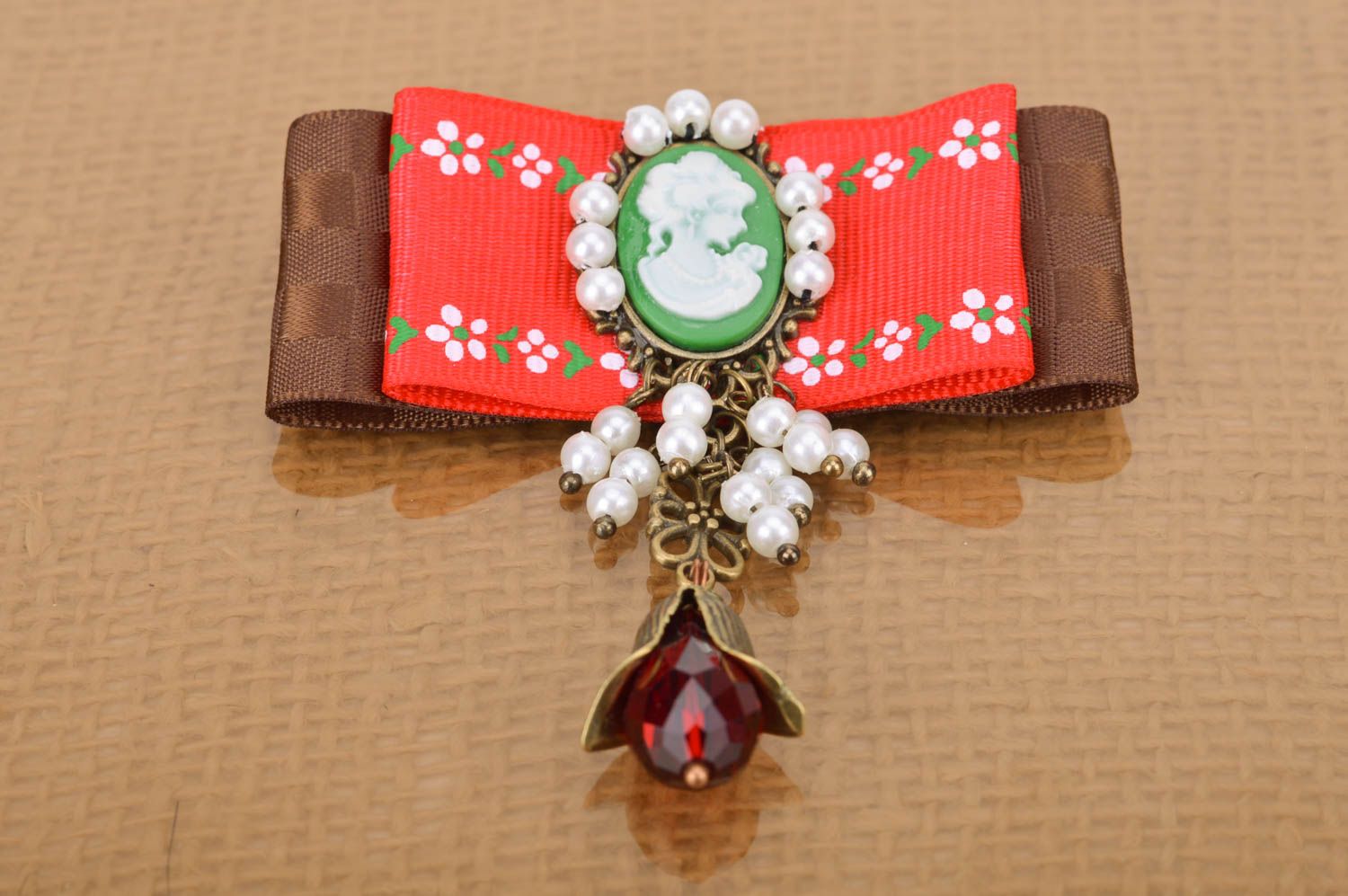 Handmade vintage rep ribbon brooch with cameo and beads in red and brown colors photo 2