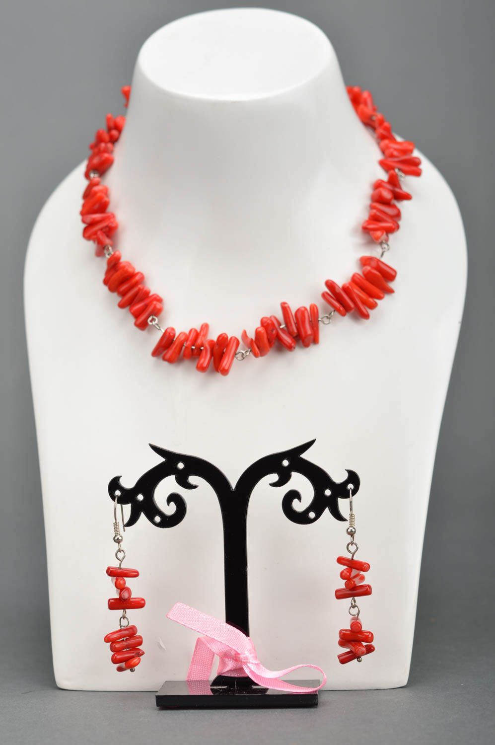 Set of handmade designer jewelry with red coral 2 items necklace and earrings photo 1