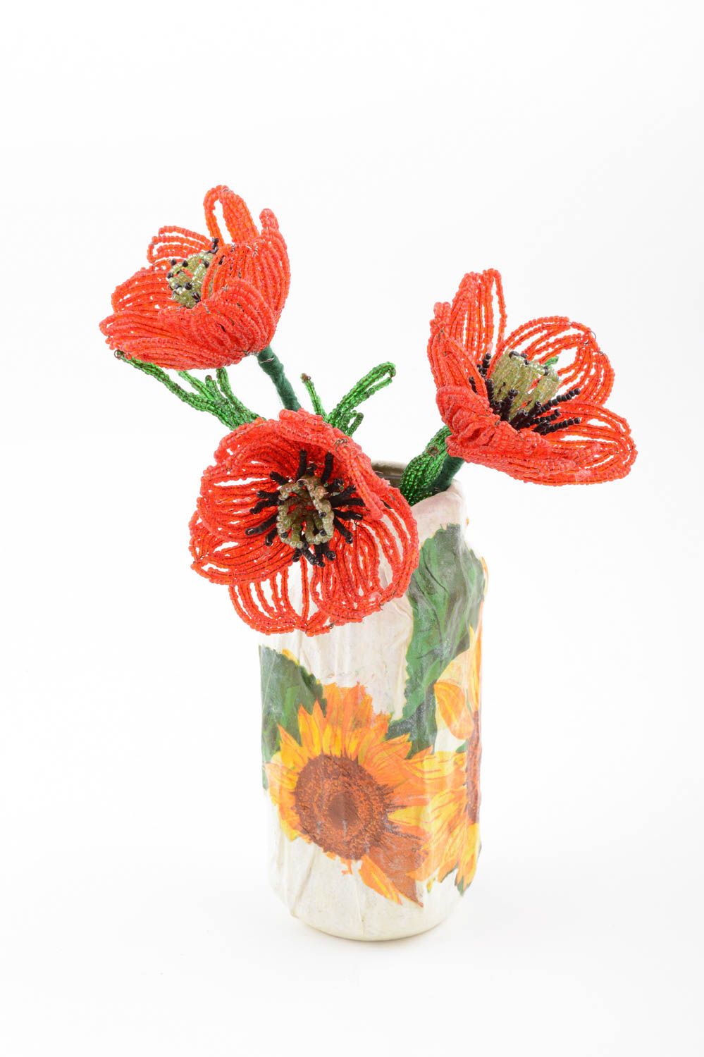 Оригинальная ваза с цветами из бисера ручной работы красивая букет маков фото 3