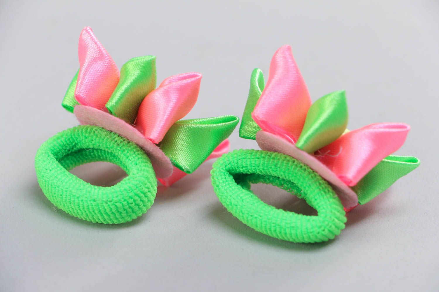 Set of 2 handmade hair ties with satin ribbon flower of pink and green colors photo 4