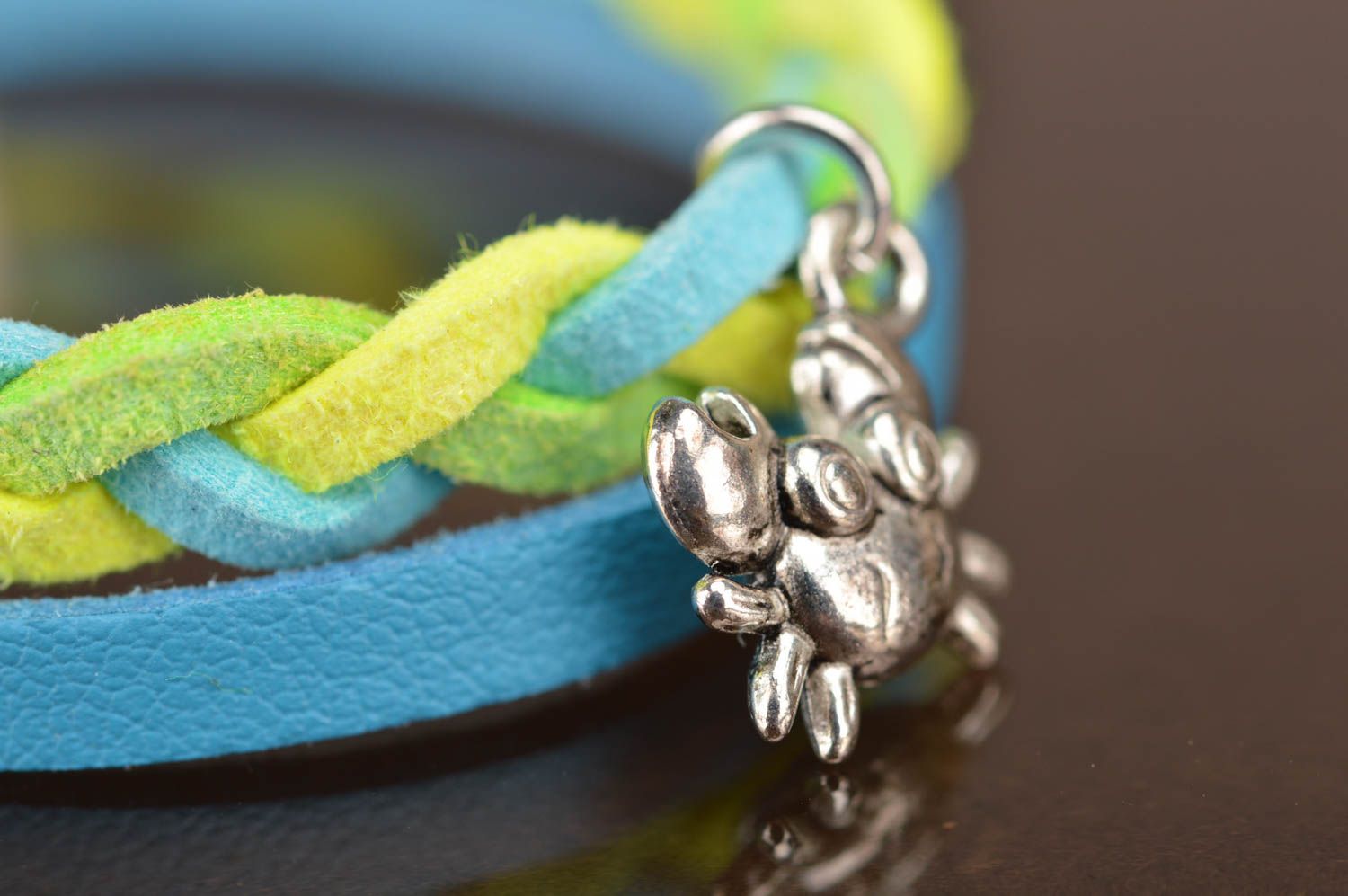 Handmade designer genuine leather cord wrist bracelet blue and yellow with charm photo 4