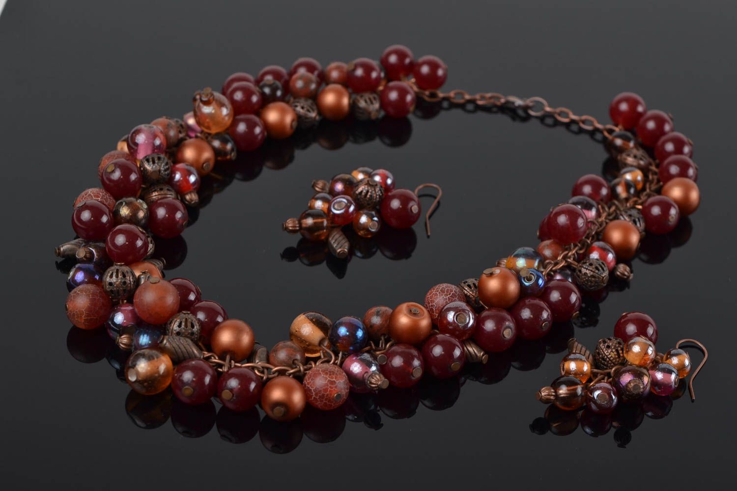 Handmade brown natural stone and glass beaded jewelry set necklace and earrings photo 1