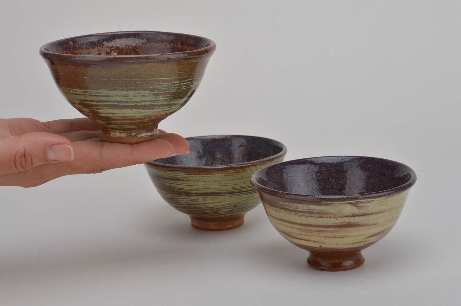 Set of 3 handmade designer beautiful ceramic bowls covered with glaze tableware photo 3