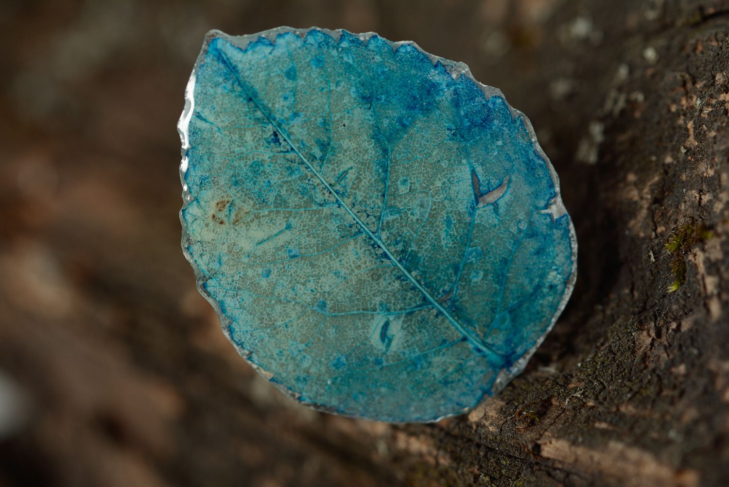Anillo de resina epoxi artesanal con hoja azul foto 3