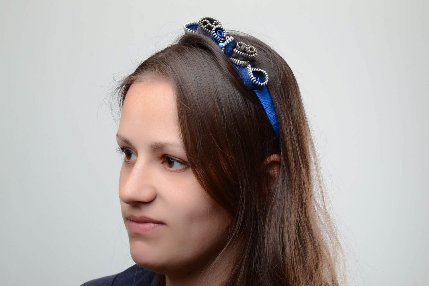 Beautiful handmade elegant hairband blue bow with zipper stylish trendy accessory photo 5