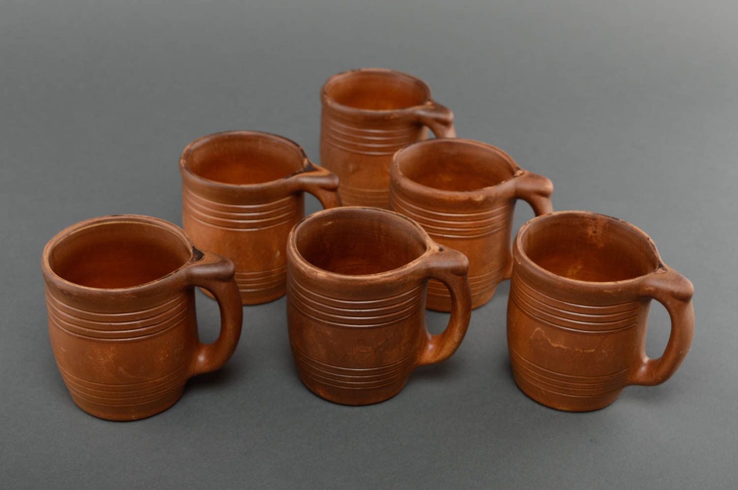 Set of natural red clay drinking 15 oz 6 six cups with handles and no pattern photo 1