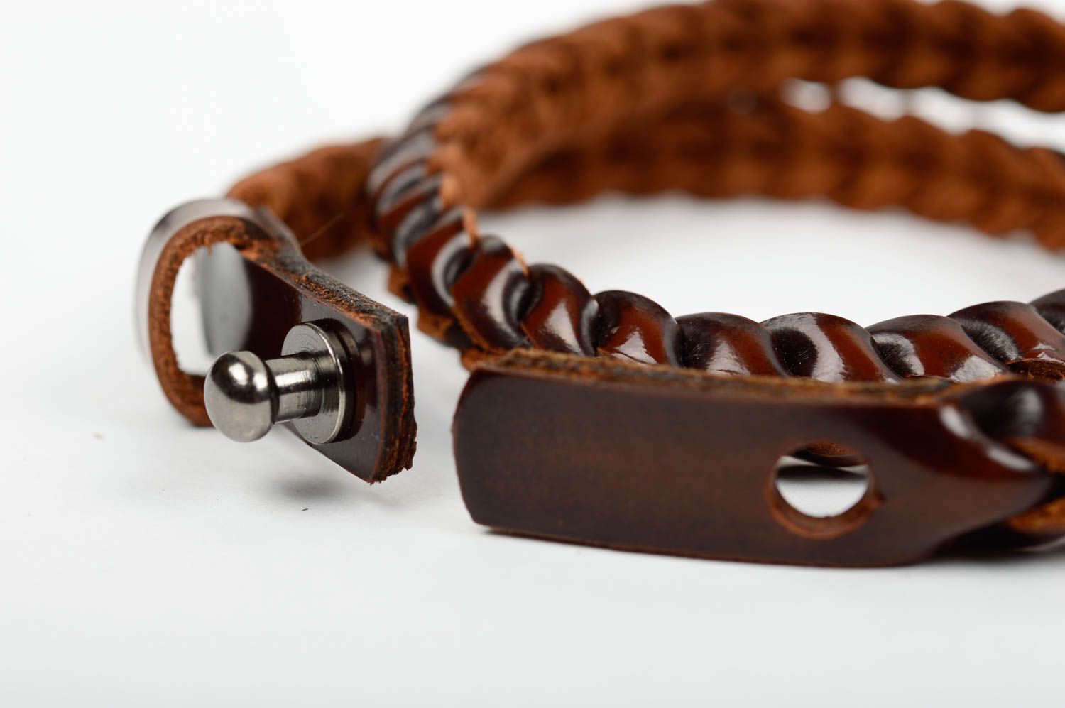 Bracelet 2 rangs tressé en cuir naturel brun fait main accessoire original stylé photo 3