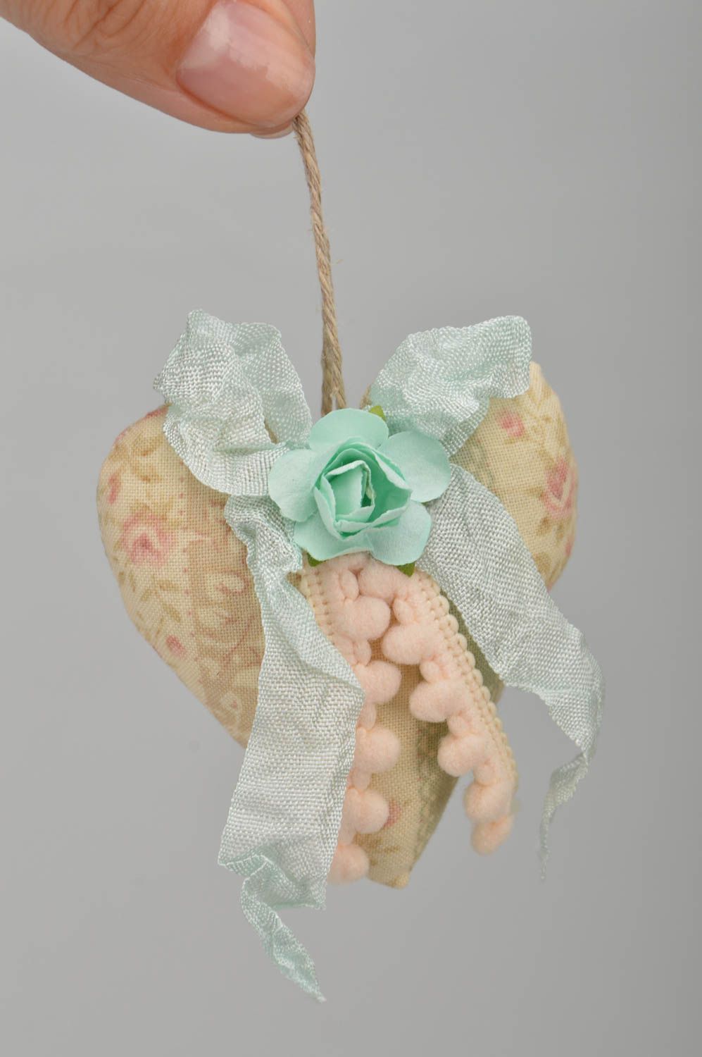 Small homemade textile soft interior hanging heart with flower and aroma photo 2