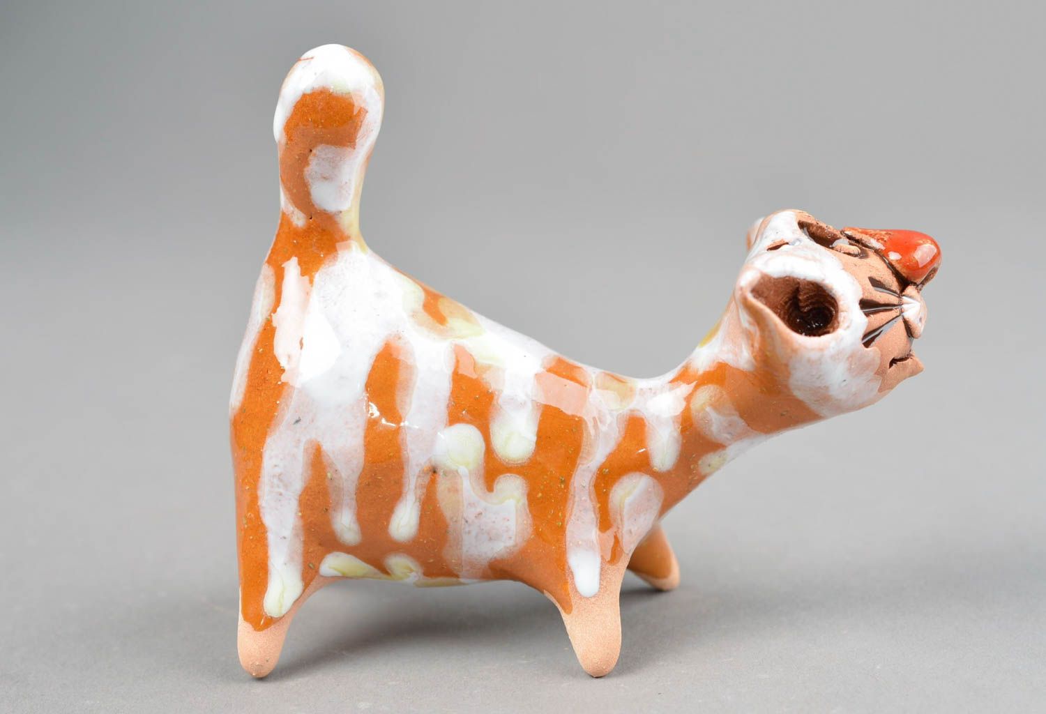Figurine céramique peinte de glaçure colorée faite main Chat orange rayé photo 4