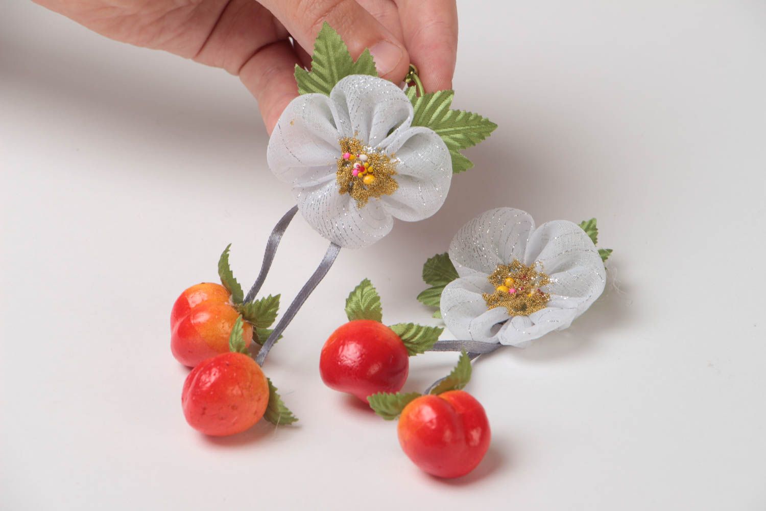 Beautiful handmade children's fabric hair ties set 2 pieces Flowers and Berries photo 5