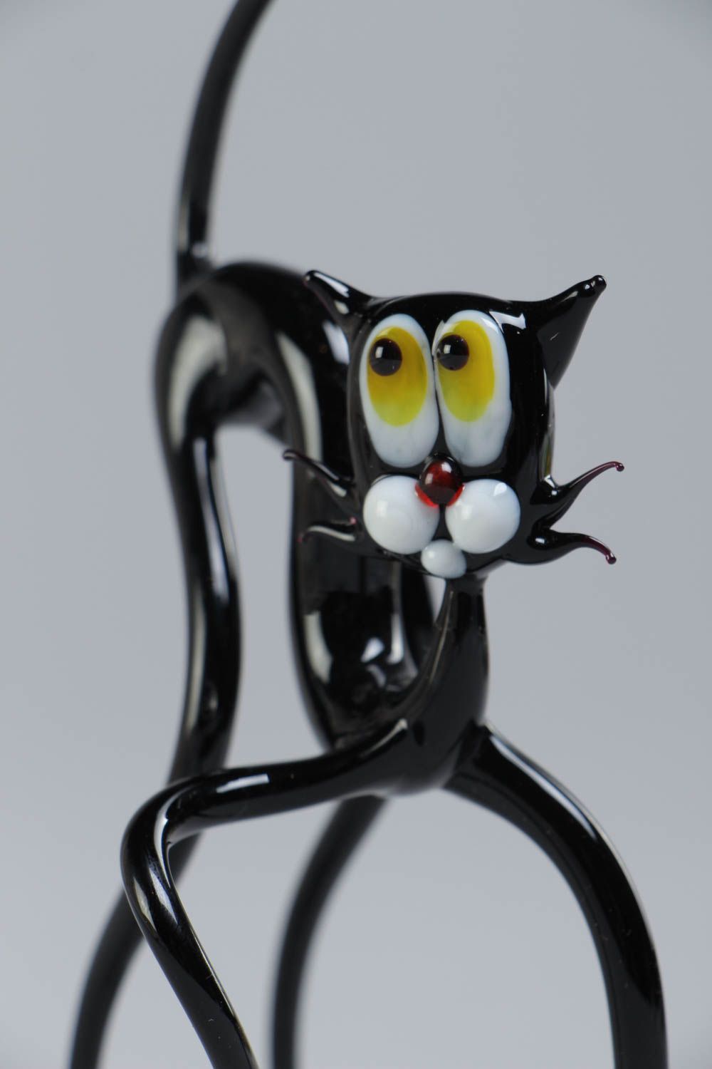 Handmade collectible miniature animal figurine of black cat lampwork glass photo 3