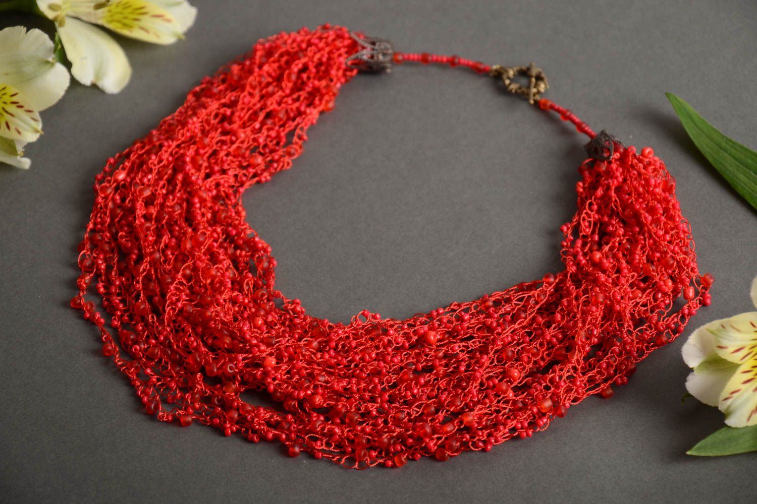 Handmade designer multi row volume airy bright red necklace crocheted of beads photo 1