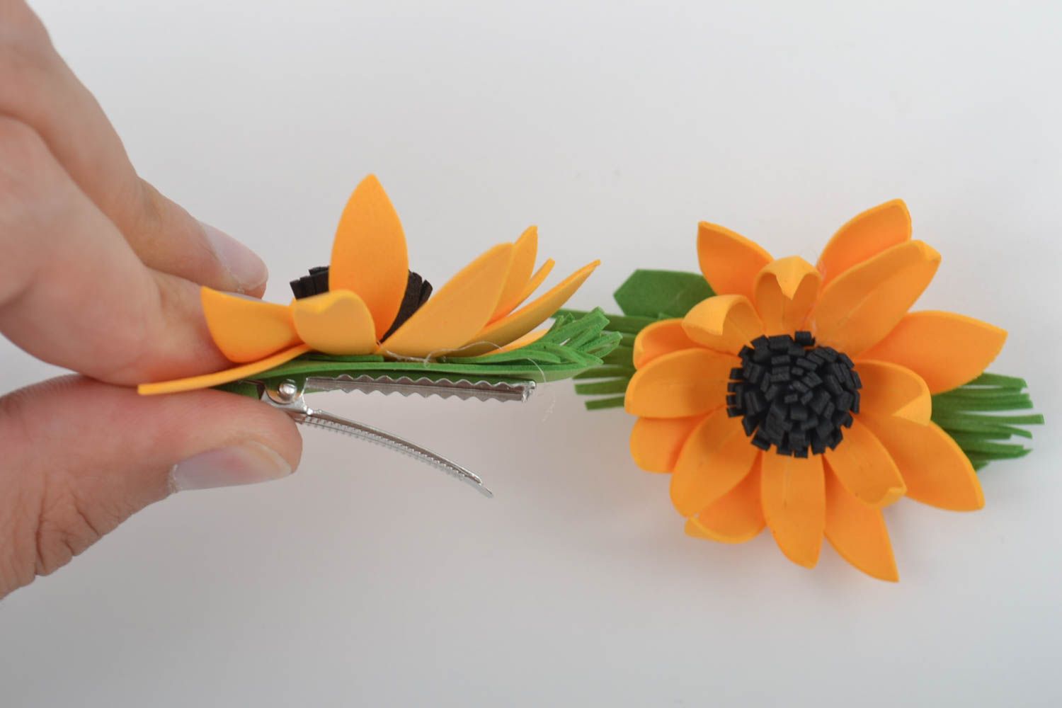 Set of 2 handmade fabric hair clips textile barrettes foamiran flowers in hair photo 5