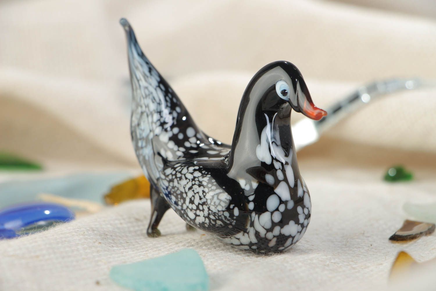 Miniature handmade lampwork glass figurine of black duck photo 1