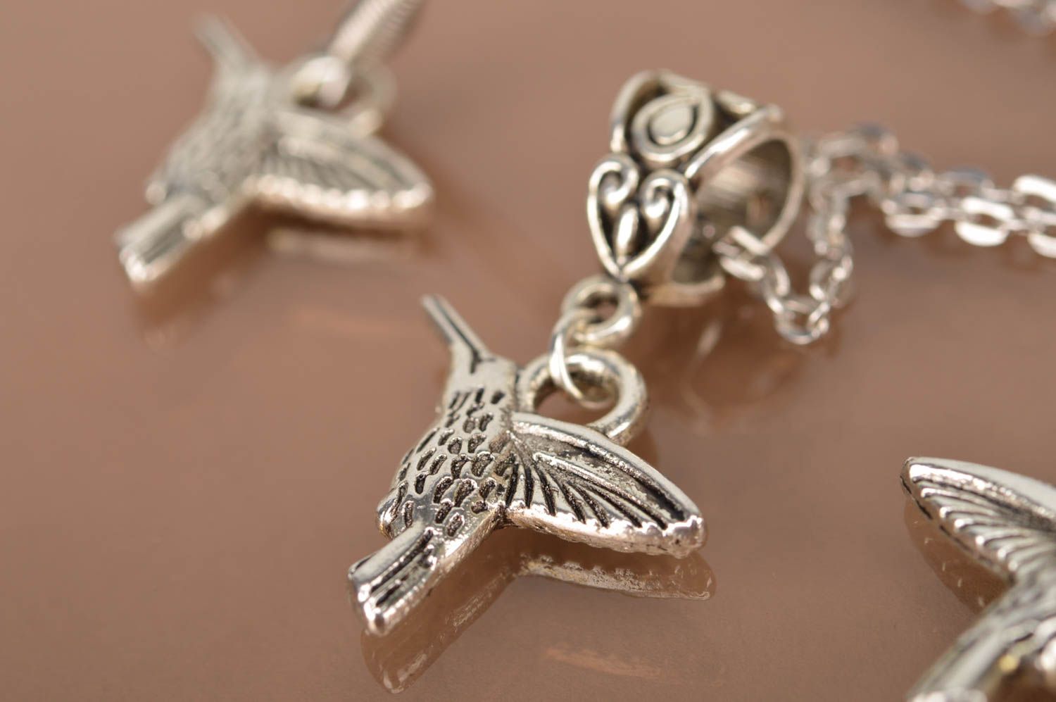 Parure de Bijoux colibri fait main métalliques Boucles d'oreilles pendentif photo 5