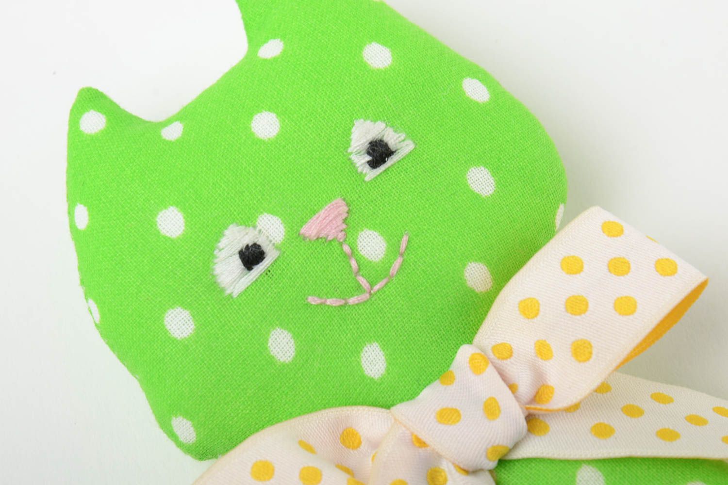 Handmade decorative calico soft toy little green cat with polka dot pattern photo 4