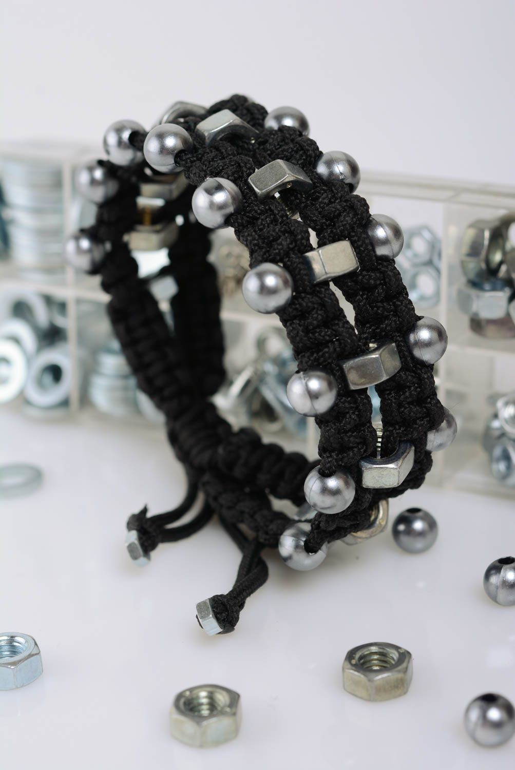 Black handmade woven macrame wrist bracelet with steel nuts adjustable size photo 2