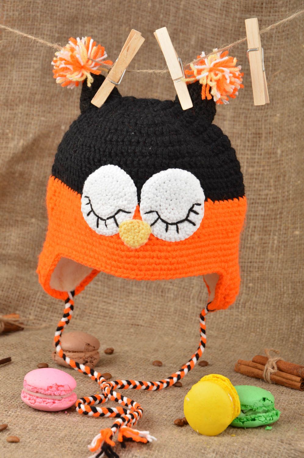 Handmade cute crocheted cap in shape of sleeping owl accessory for kids photo 1