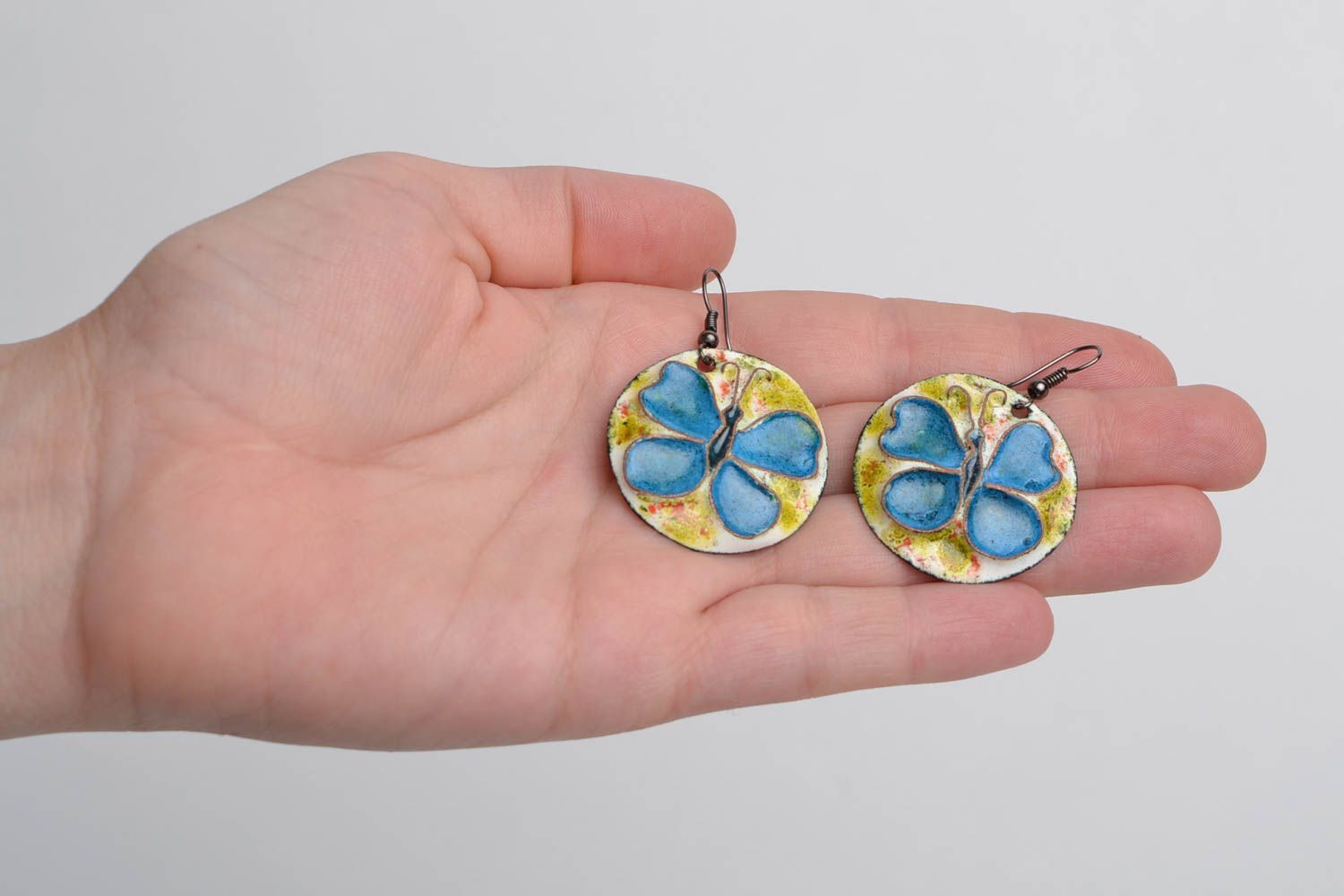 Handmade round copper earrings painted with colorful enamels Blue Butterflies photo 2