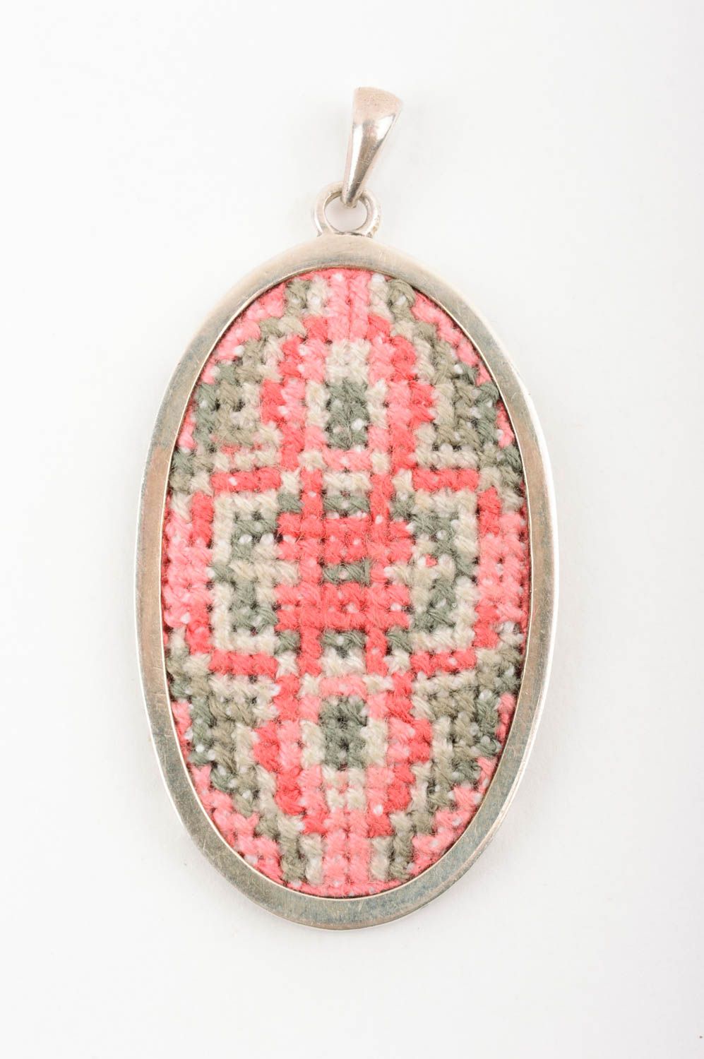 Handmade embroidered pendant female oval jewelry stylish accessory gift photo 1