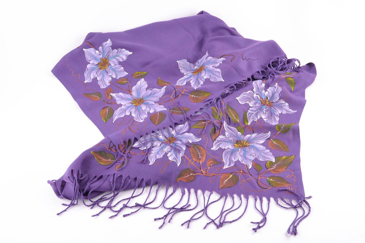 Теплый шарф из кашемира с росписью фиолетовый фото 4