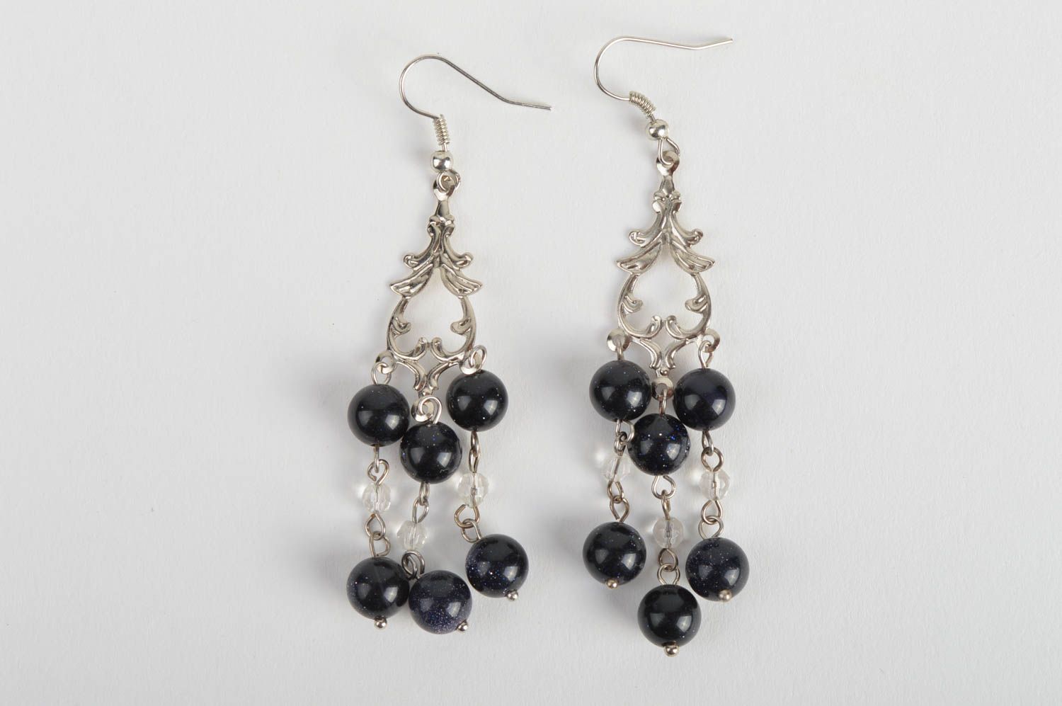 Handmade designer elegant metal earrings with black acrylic beads photo 2