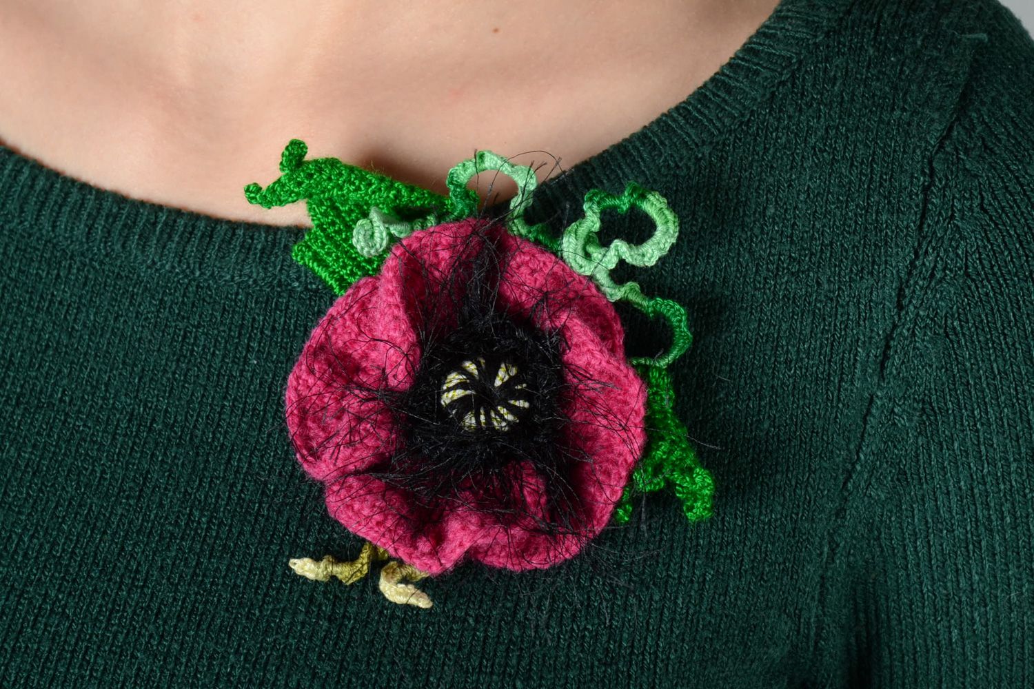 Handmade crochet flower brooch Lilac Poppy photo 2