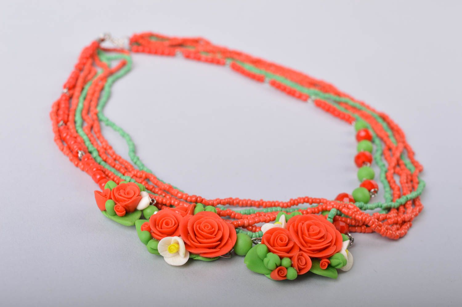 Joli collier vert rouge avec fleurs en porcelaine froide fait main multirang photo 4