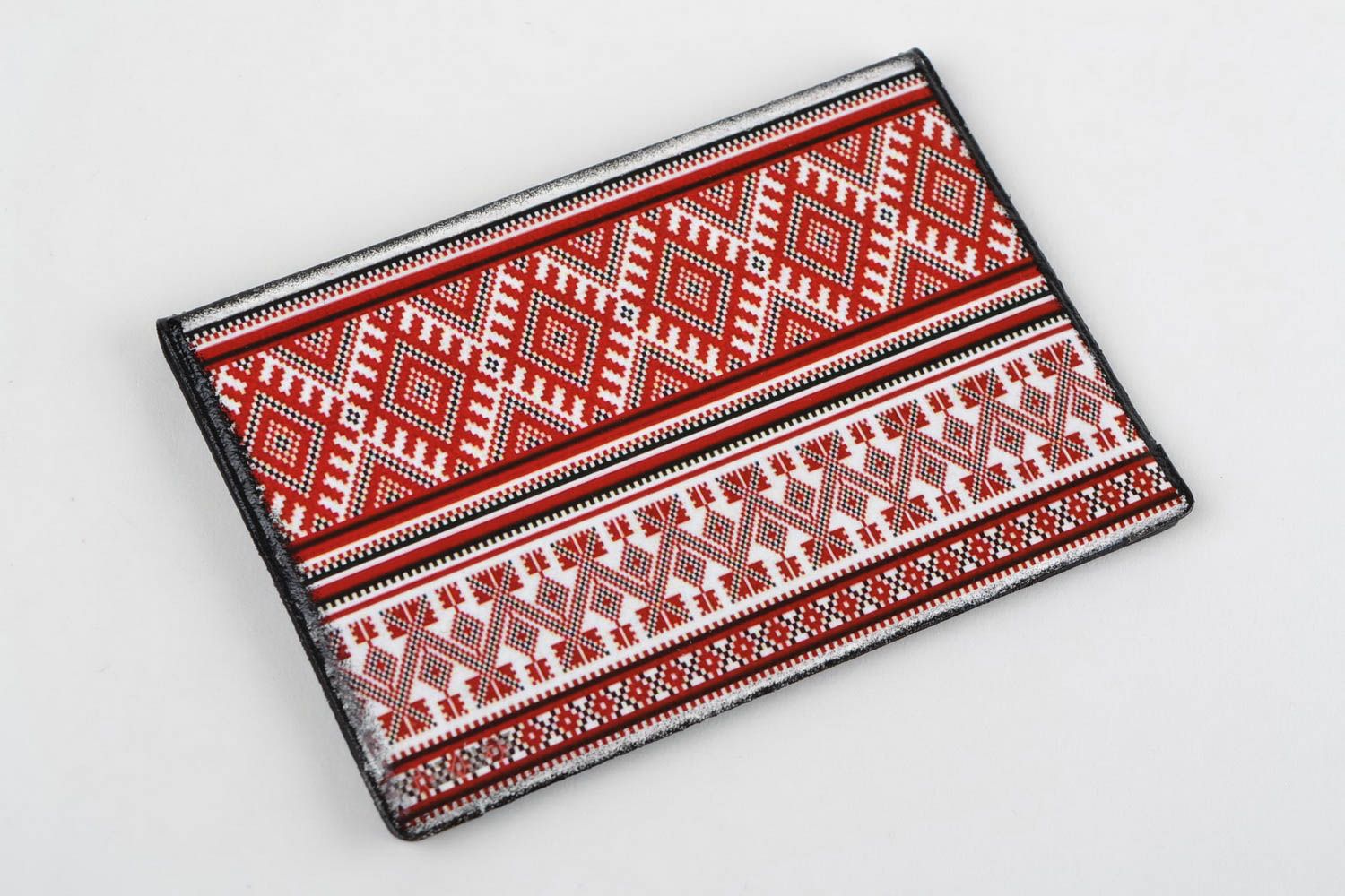 Handmade faux leather passport cover with decoupage red and white ethnic pattern photo 3