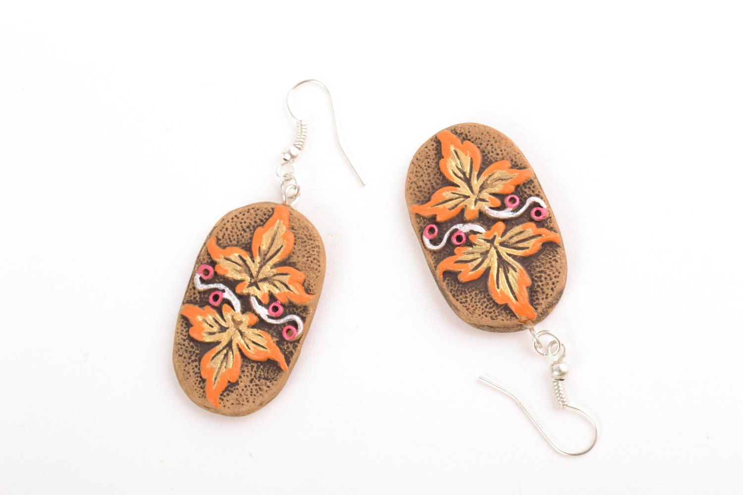Handmade clay oval earrings painted with acrylics for women photo 5