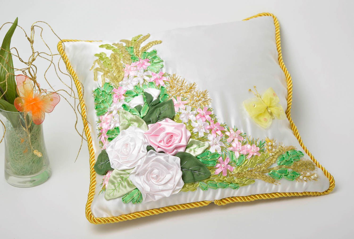 Handmade embroidered pillowcase unusual gift design pillowcase beautiful linens  photo 1