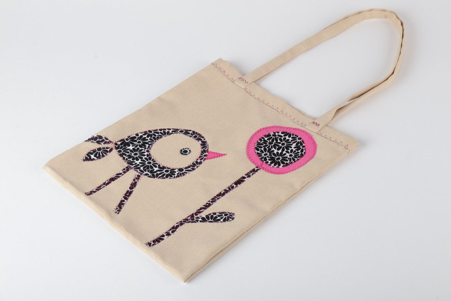 Handmade designer beige female shoulder eco bag with applique  Little Bird photo 2
