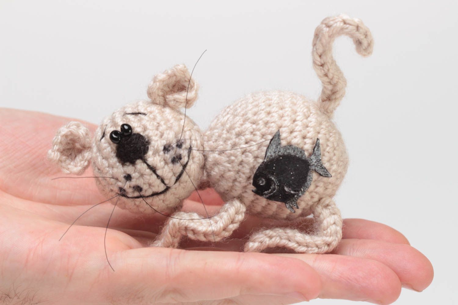 Unusual beautiful handmade crocheted soft toy Cat with Fish photo 5
