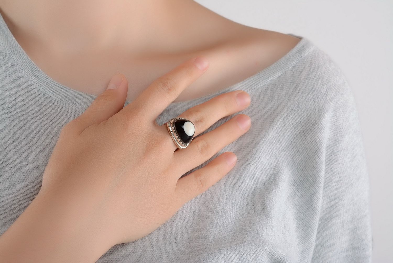 Silver ring with cow horn photo 1