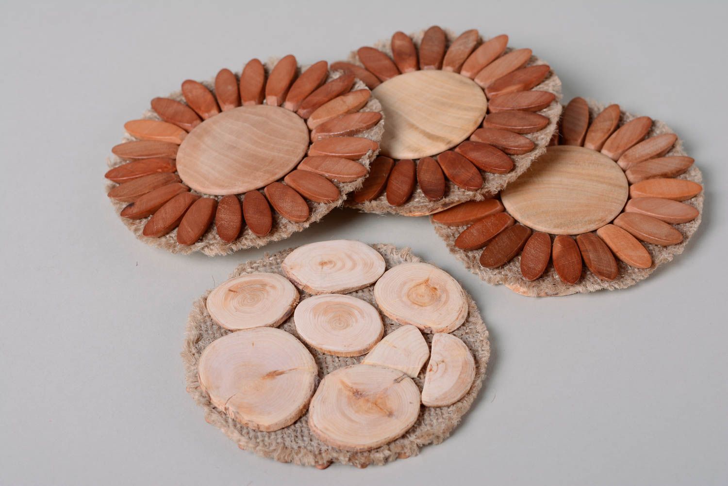 Set of handmade decorative wooden trivets for hot pot with burlap 8 items photo 3
