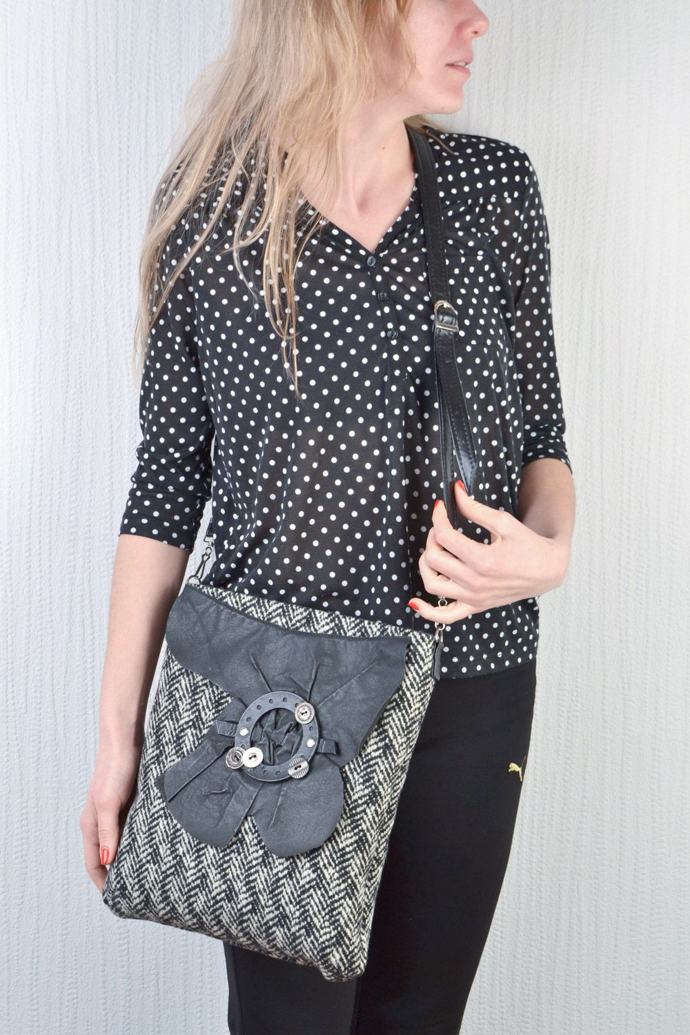 Handmade female shoulder bag made of leather and fabric black with white photo 1