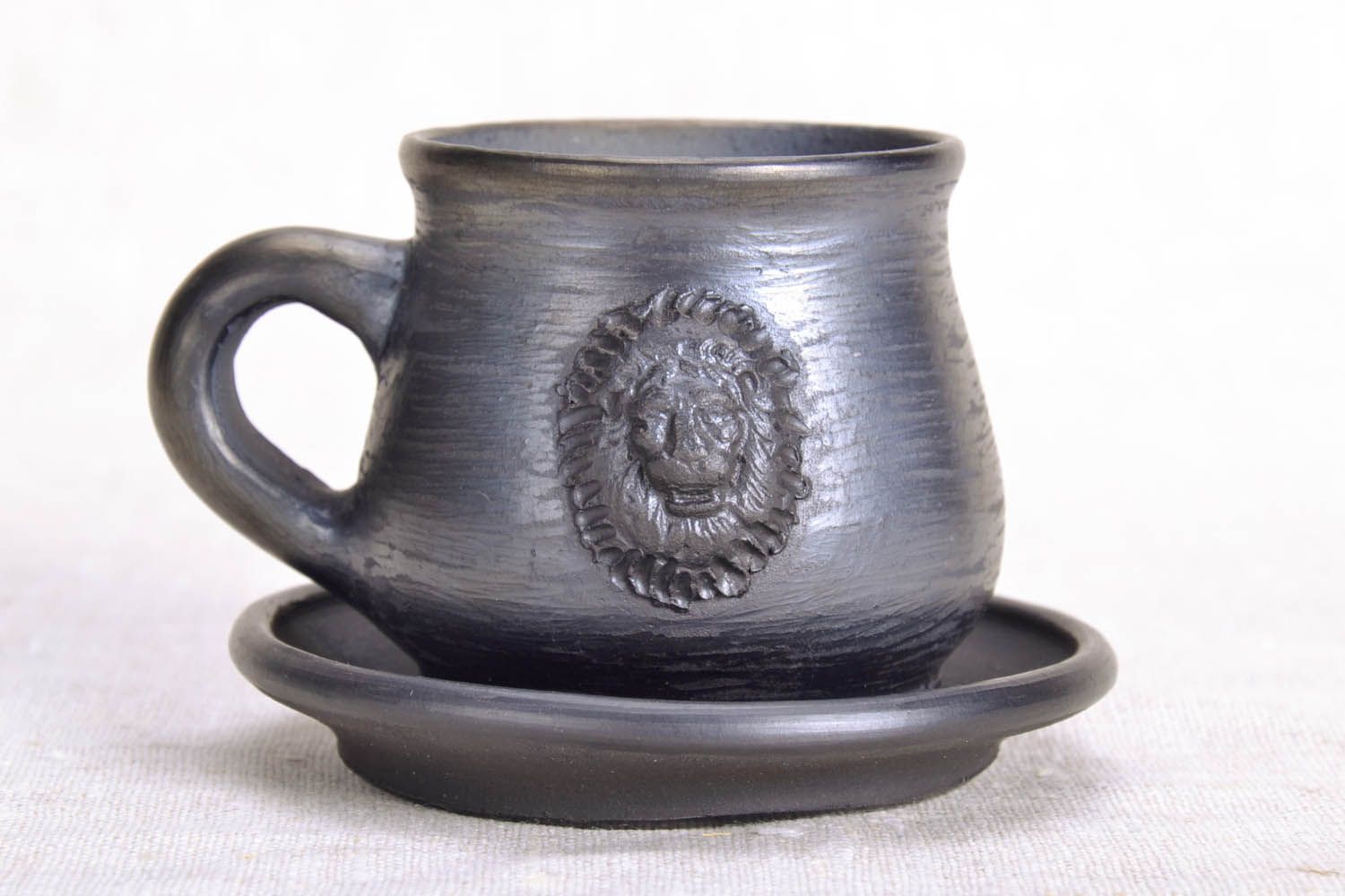 Black smoked 3 oz coffee cup with handle and molded lion photo 2