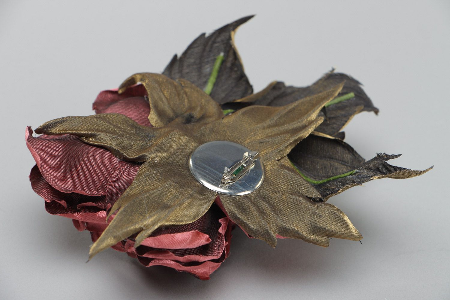 Beautiful handmade textile flower brooch in the shape of dark red satin rose photo 4